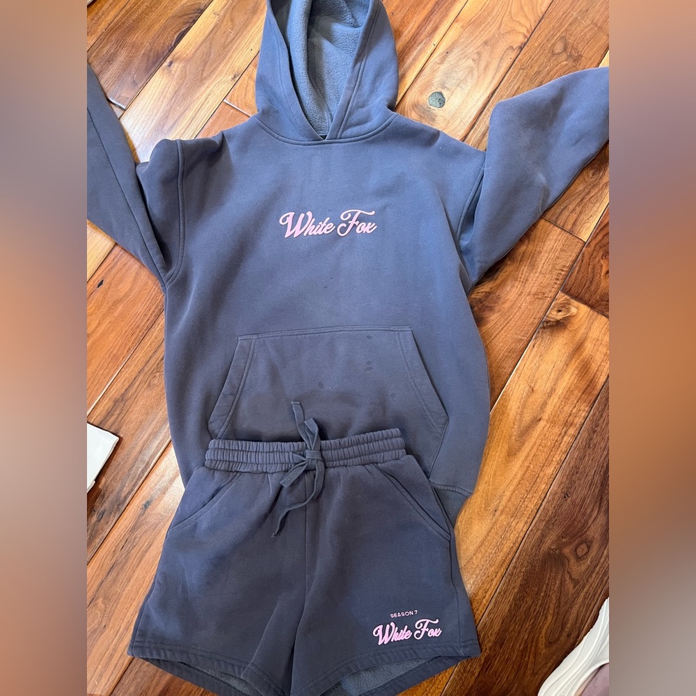 White Fox Embroidered Hoodie & Shorts Set - Charcoal with Pink Logo